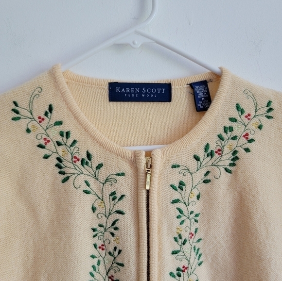 Karen Scott 100% wool embroided zip up cardigan top size M vintage - Picture 2 of 7